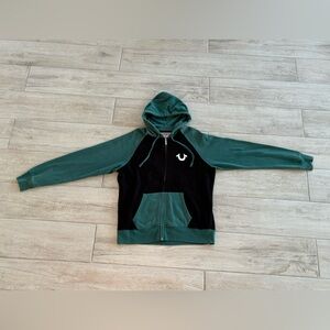 True Religion Hoodie Men's XL Zip Up Longsleeve Jacket Turquoise/Black (Vintage)